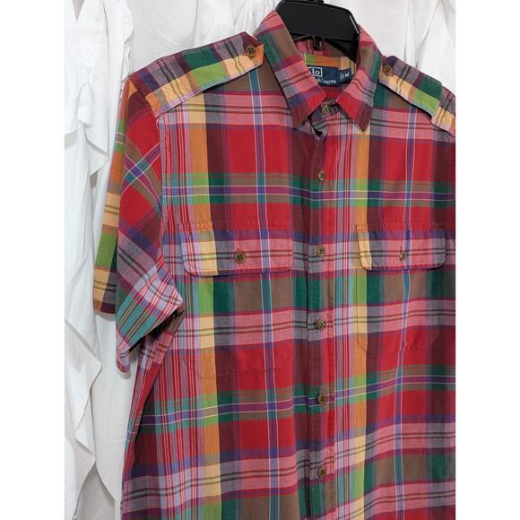 Polo by Ralph Lauren Madras Plaid Safari Red Short Sleeve Button Up Size Medium - Picture 3 of 10